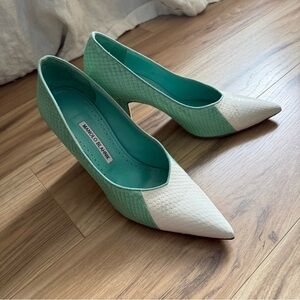 Manolo Blahnik Mint and White Pointed Toe Pumps
